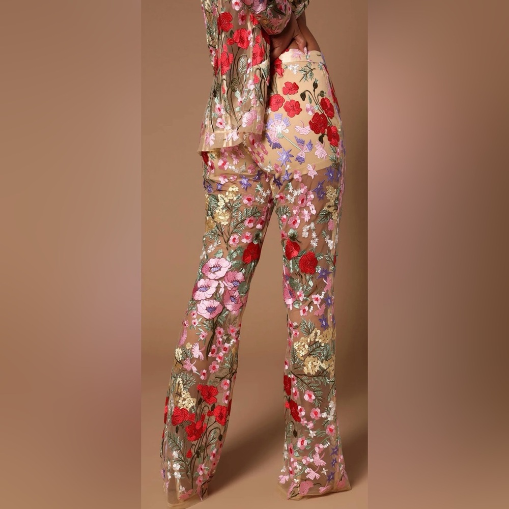 Fashion Nova Erin Nude Sheer Boot Cut Pants with Multicolor Floral Embroidery - Picture 2 of 7